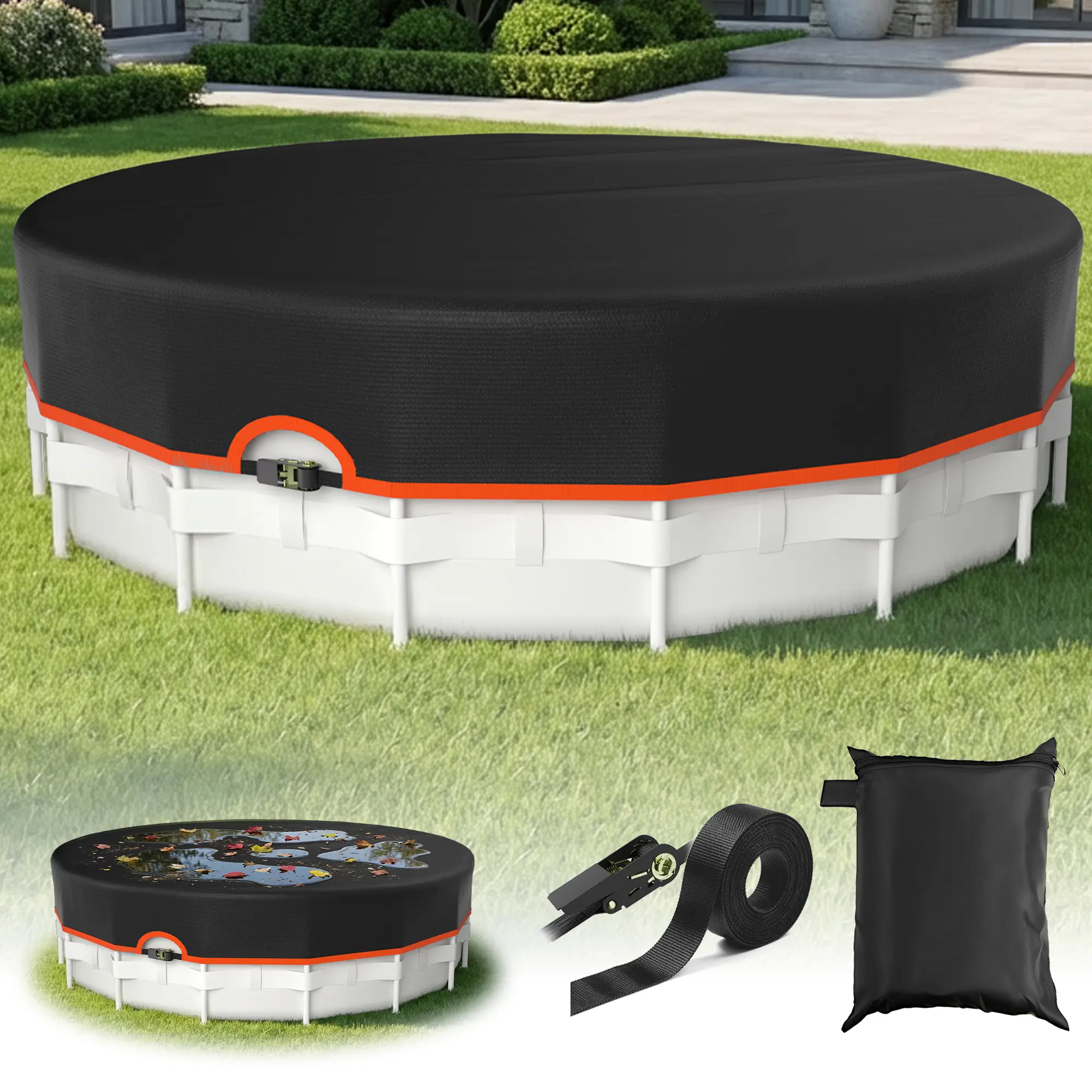 New Upgrade Round Above-Ground Swimming Pool Cover Sets - 12FT,14FT,15FT,16FT,18FT,21FT,22FT,24FT Solar Waterproof with Accessories - Home Garden Pool Shade & Safety Heater Equipment