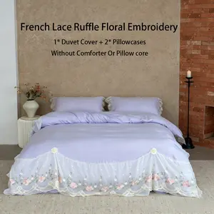 3 Pieces Purple/White/Pink Double-layer Wide Ruffled Lace Edge Bedding Set: 1 Piece Duvet Cover + 2 Pieces Pillowcases (Inner Fillings Not Included). Korean lady style, made of high-weight polyester fabric. Available in Single, Twin, Double and Queen size
