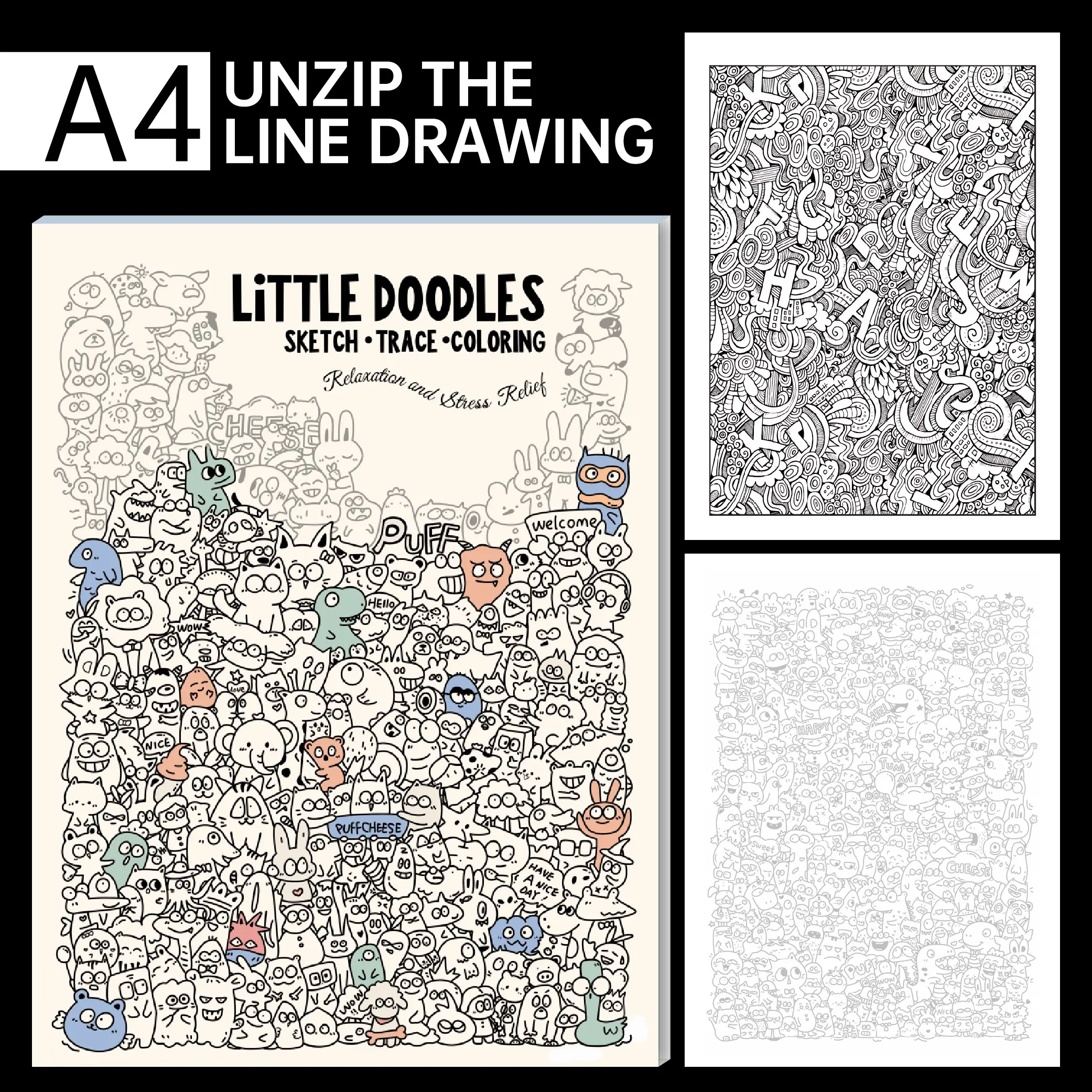 Little Doodles A4 Control Pen Doodle Book Art Drawing | Sketch, Trace & Color – Stress Relief for All Ages Drawing Pad