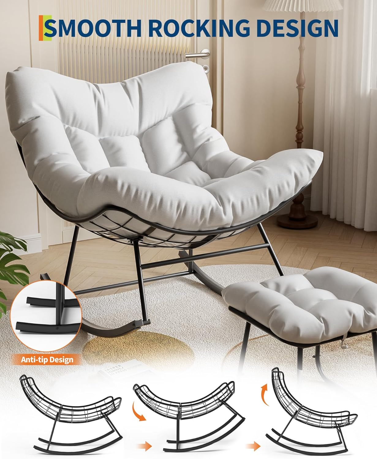 Outdoor Oversized Papasan Rocking Chair with Footrest, Patio Lounge Chair with Ottoman and Sturdy Metal Frame, Patio Rattan Egg Rocker for Balcony Backyard Porch Bedroom