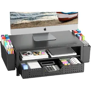 Monitor Stand Riser, Laptop Stand for Desk, Office Desk Organizer and Accessories, Computer Desktop Shelf with Drawer and Pen Holder, Printer Stand for Home, Office, Dorm (Black)