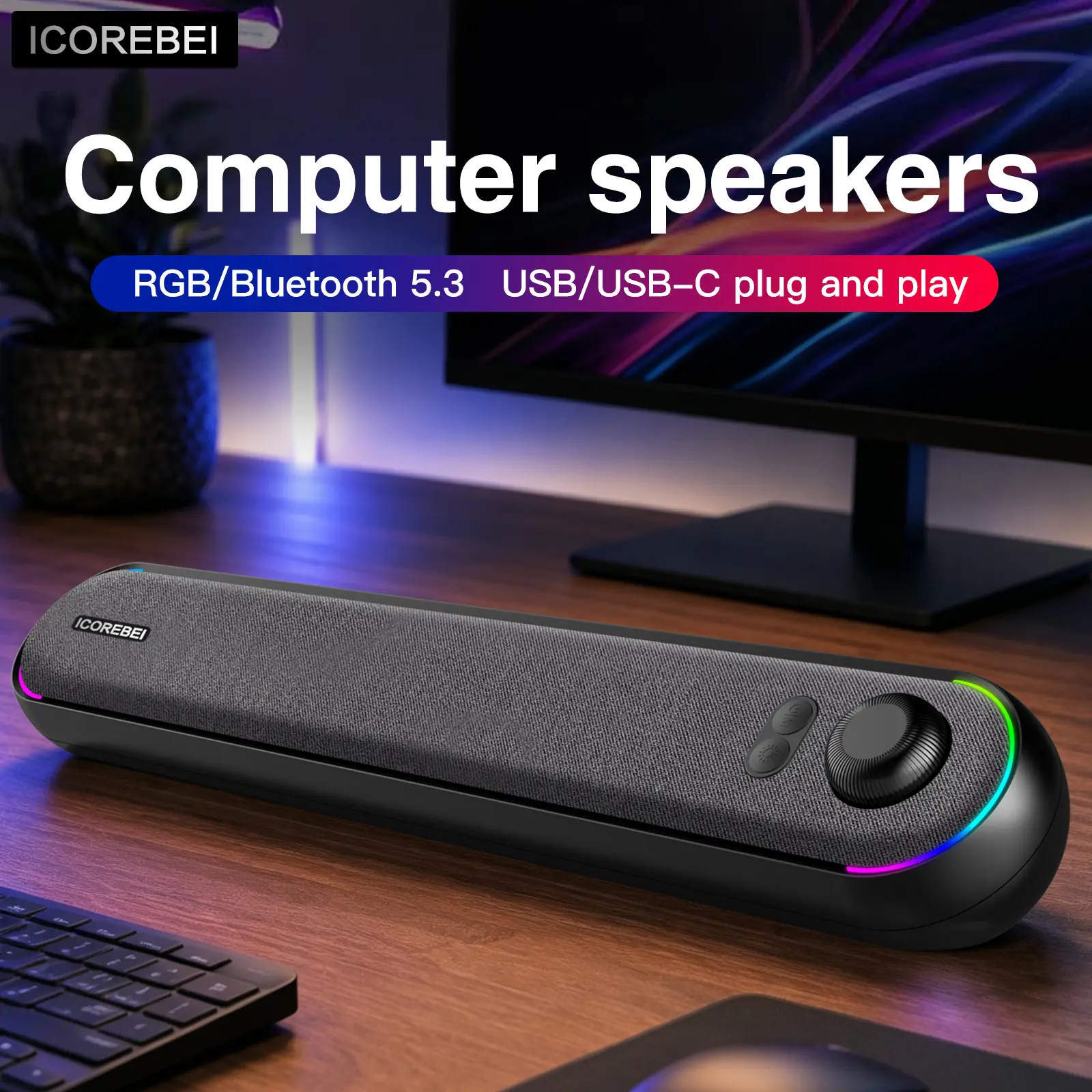 Computer speakers, HiFi stereo desktop soundbar, compatible with desktops, Mac, laptops, tablets, and monitors, Bluetooth 5.3, USB to Type-C interface, plug and play, RGB lighting gaming speakers