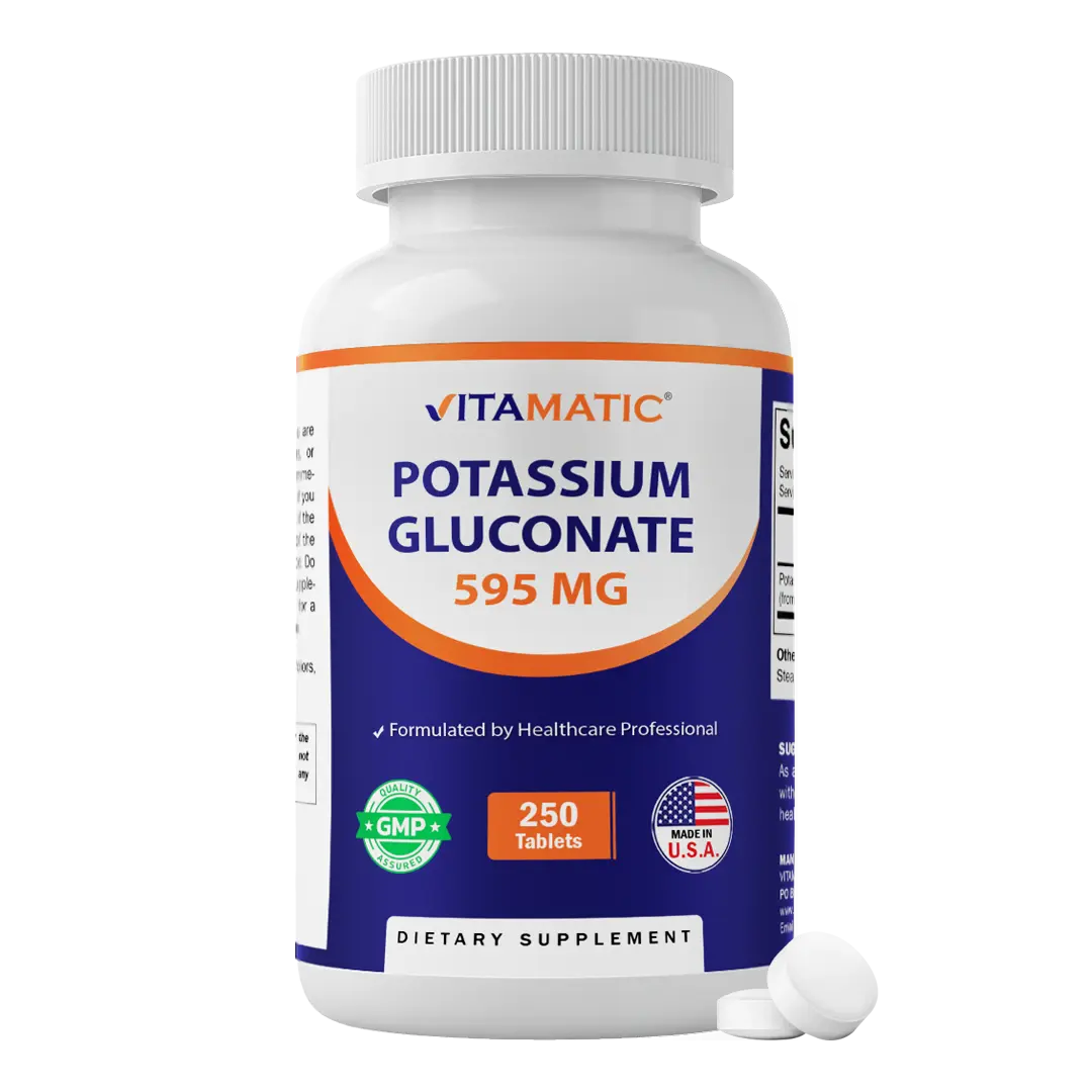 Vitamatic Potassium Gluconate Mineral Dietary Supplement Pills - 595 mg, 250 Tablets, Sugar Free Daily Supplement for Adults - Supports Heart, Muscle, Electrolyte Balance, Body Health - Non-GMO, Made in USA