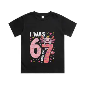 Axolotl Girl 7th Bday 6 7 Birthday I was 6 Now I'm 7 Cotton T-shirt, Graphic Print Round Neck Short Sleeve Casual Tee for Boys Girls
