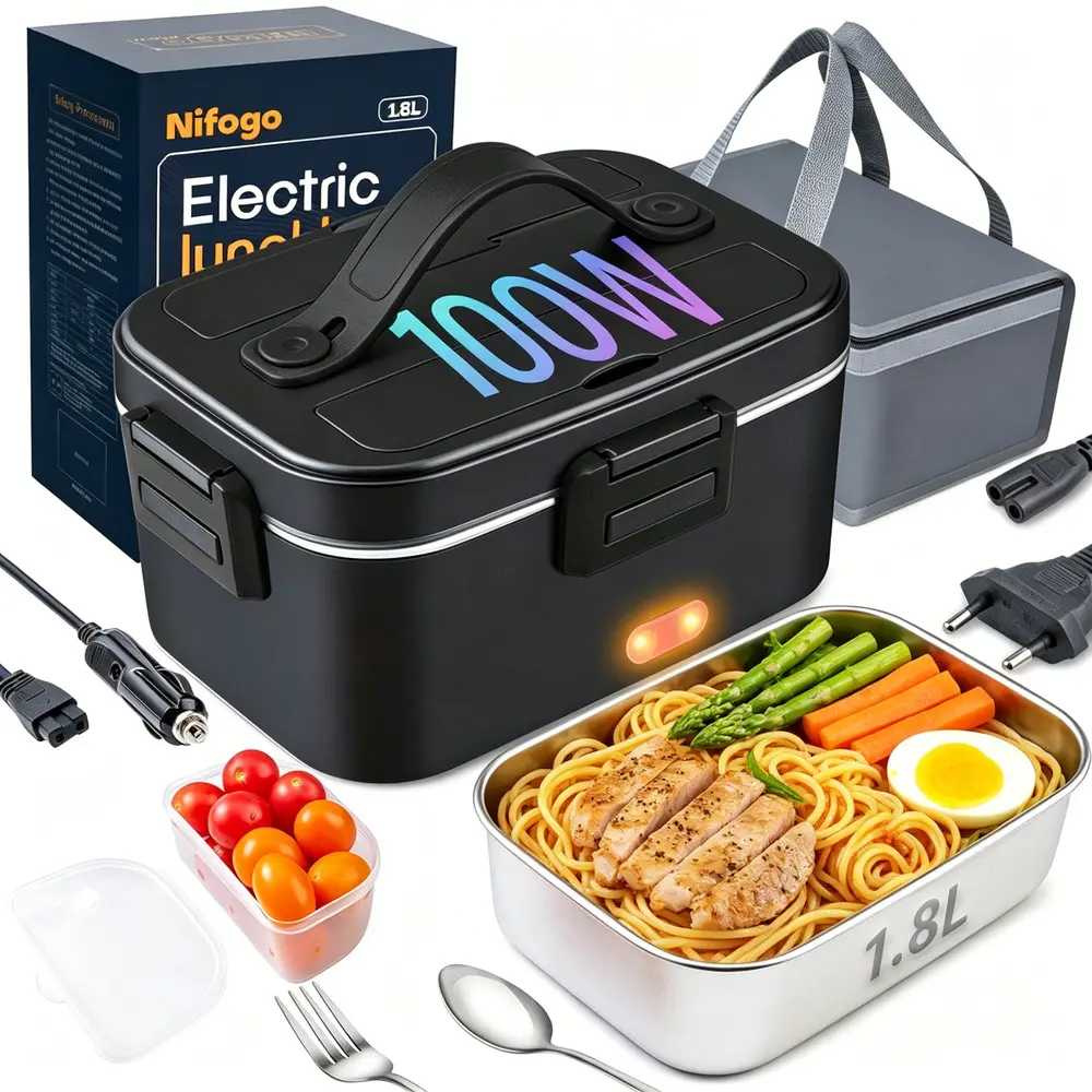 Multi Capacity Timing Preset Electric Lunch Box Food Heater Universal Car Truck Home Voltage, 100W Powerful Heating Detachable SS Bowl Full Tableware Insulated Tote