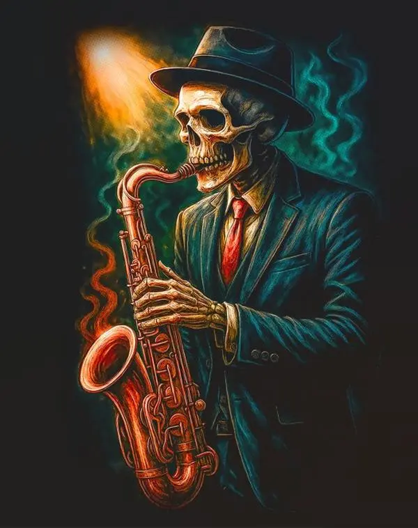 Halftone Skull Saxophone Player Design Ready-to-Press DTF Direct-to-Film Heat Transfer, DIY Crafts Embellishments, Specialty DIY Hobby Supply for Black Fabric & Apparel