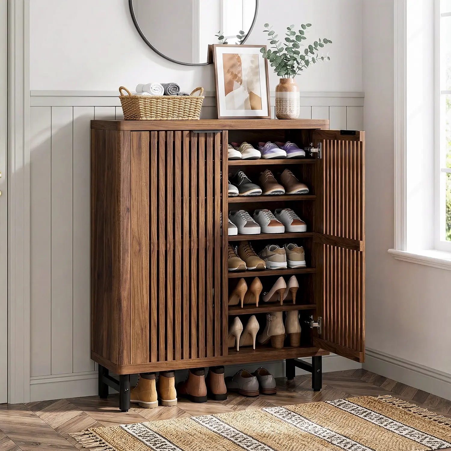 Spaco 6-Tier Lightweight Durable Wooden Shoe Rack Organizer - Home Organization Storage, Adjustable Shelving Solutions, Louvered Doors, Large Furniture-Style Indoor Floor Cabinet for Entryway, Hallway,dorm essentials,home decor