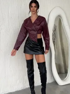 Lightweight Faux Leather PU Solid Asymmetrical Cut Design Cropped Long Sleeve Structured Jacket Top