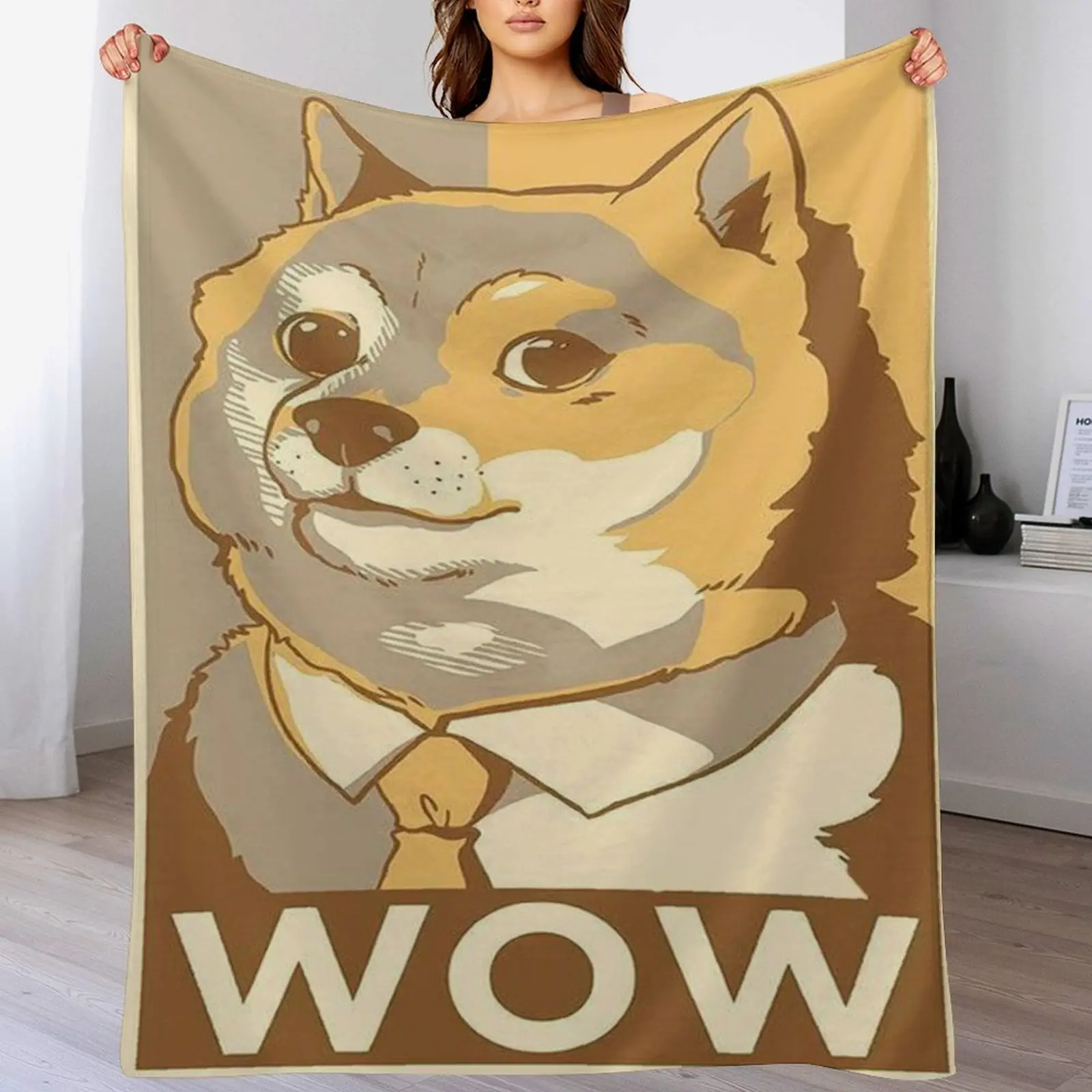 Soft Portable Warm Flannel "WOW" Throw Blanket - Retro Shiba Meme Art Print, Indoor/Outdoor Funny Internet Home Decor Accent