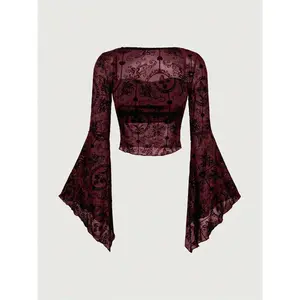Fashionable and sexy semi-transparent long-sleeve chiffon T-shirt, women’s Halloween costume shirt, fashionable and comfortable casual top GARMENTARY