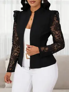 Women's Thin Plain Casual Jacket, Long Sleeve Lace Patchwork Zipper Cardigan, Fashion Lightweight Elegant Slim Fit, Spring & Fall Office Wear