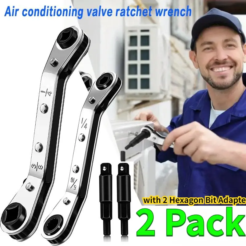 2-Pack Alloy Steel HVAC Service Ratchet Wrenches - Multi-Size Air Conditioner Valve Tools with 2 Hex Adapters, Home Improvement Accessory for Refrigeration Equipment Repair, Prevents Handle Slippage & Narrow Space Sticking (2pcs)