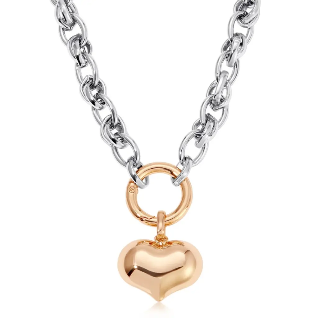 Ettika Locked in Mixed Metal Heart Necklace 18K Gold Plated Rhodium Plated Steel & Brass 15" Length with 5" Extender Adjustable Lobster Clasp Closure for Women