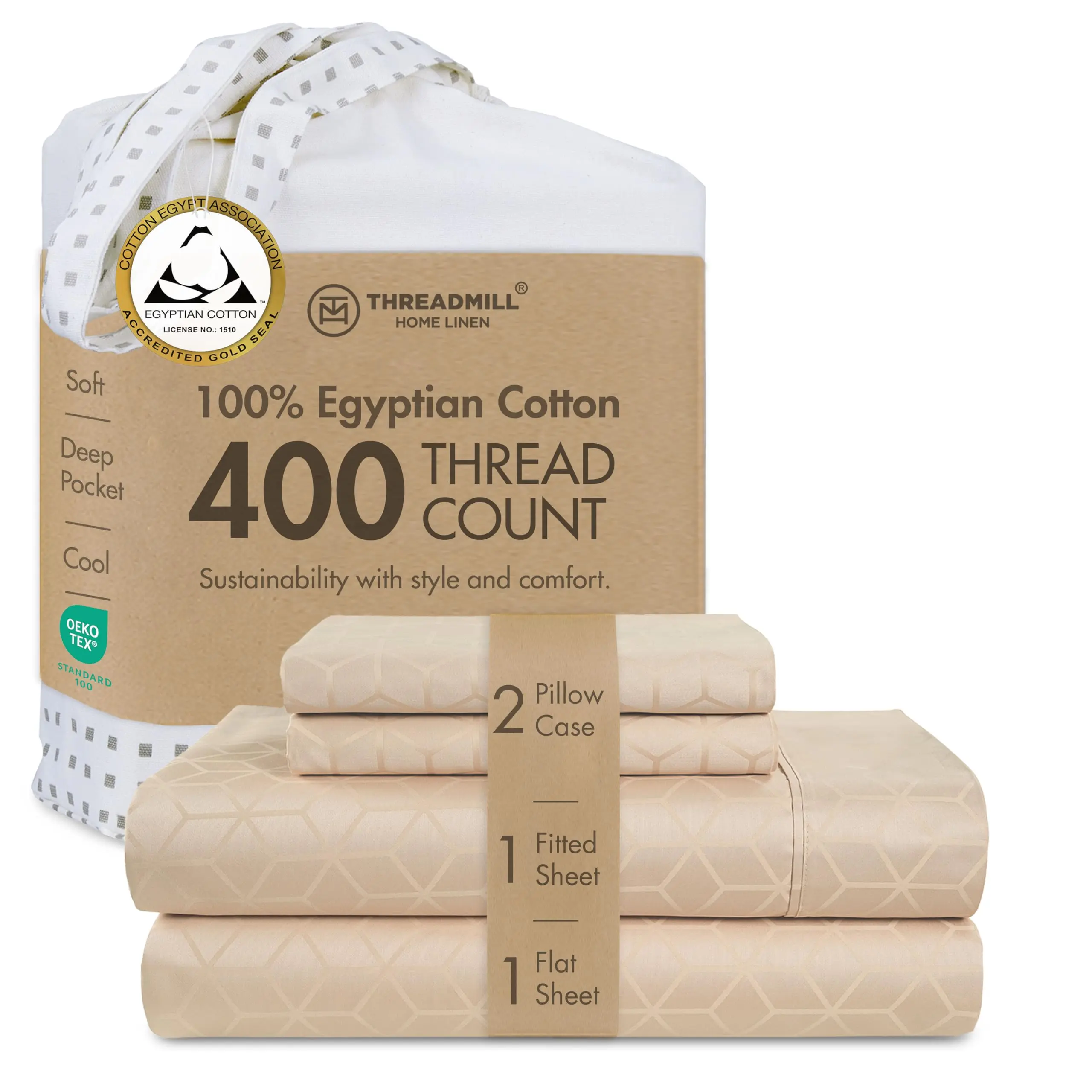 Threadmill 100% Certified Egyptian Cotton Sheet & Pillowcase Set - 400 Thread Count, Geometric Jacquard Weave, Breathable, Durable, Fade-Resistant Bedding Linens