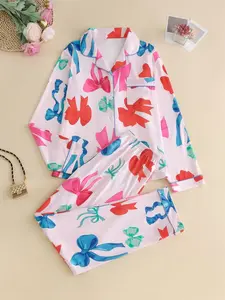 Cozy Bow Print Pajamas Set for Women - Soft & Comfortable Sleepwear with Long Sleeves and Matching Pants