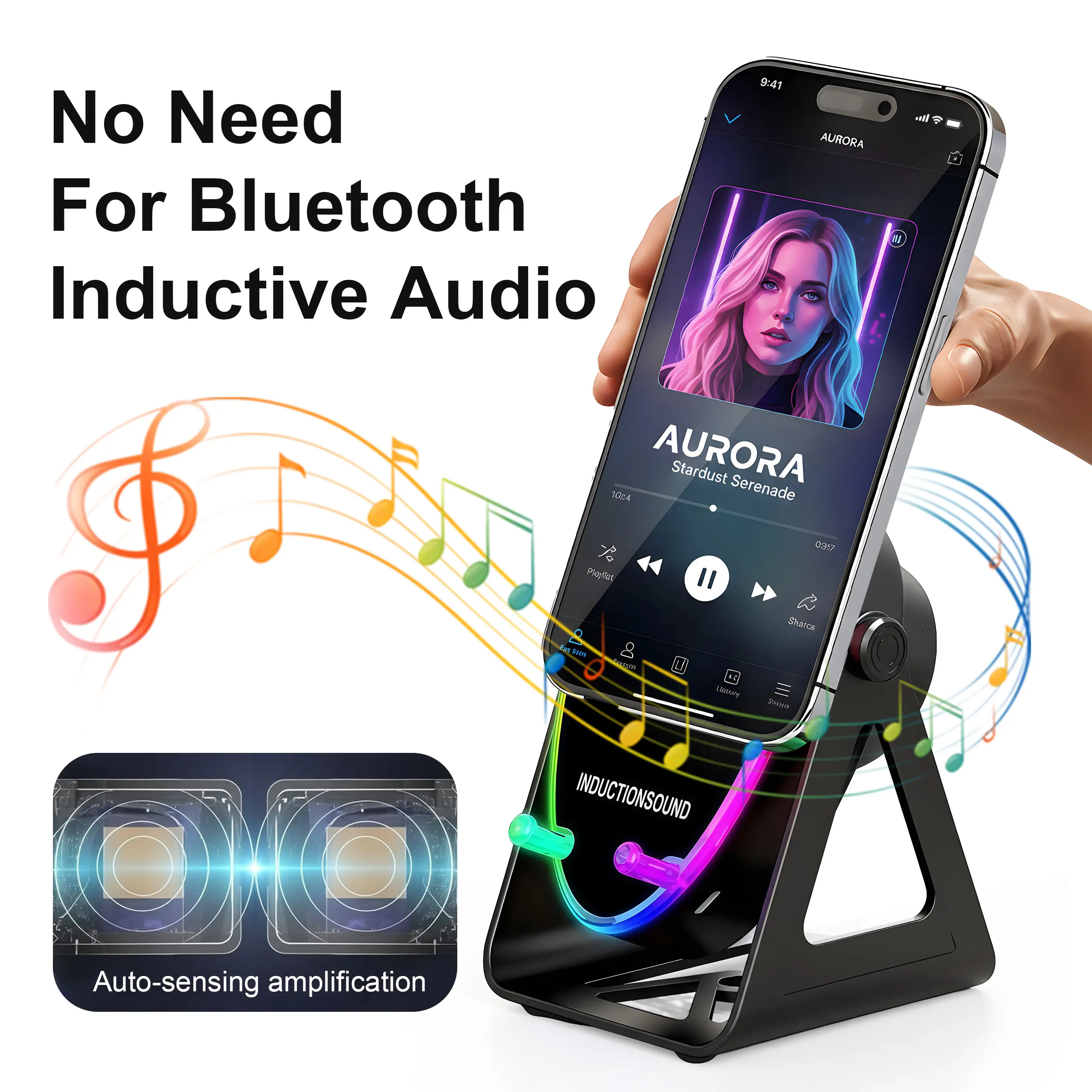 Wireless Induction Audio Bluetooth Speaker, 360° Rotation Stand with LED, Universal Speaker Stands for Surround Sound&Charger,Portable Desktop Stand Gift for Home, Shower, Outdoors, Travel. Streaming Compact Phone Device