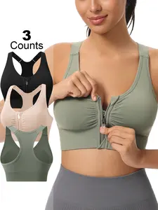 Women's Zip Front Sports Bra Wireless Post-Surgery Bra Adjustable Straps Padded Medium Support Exercise Active Yoga Sports Bras Gym Sports Bra
