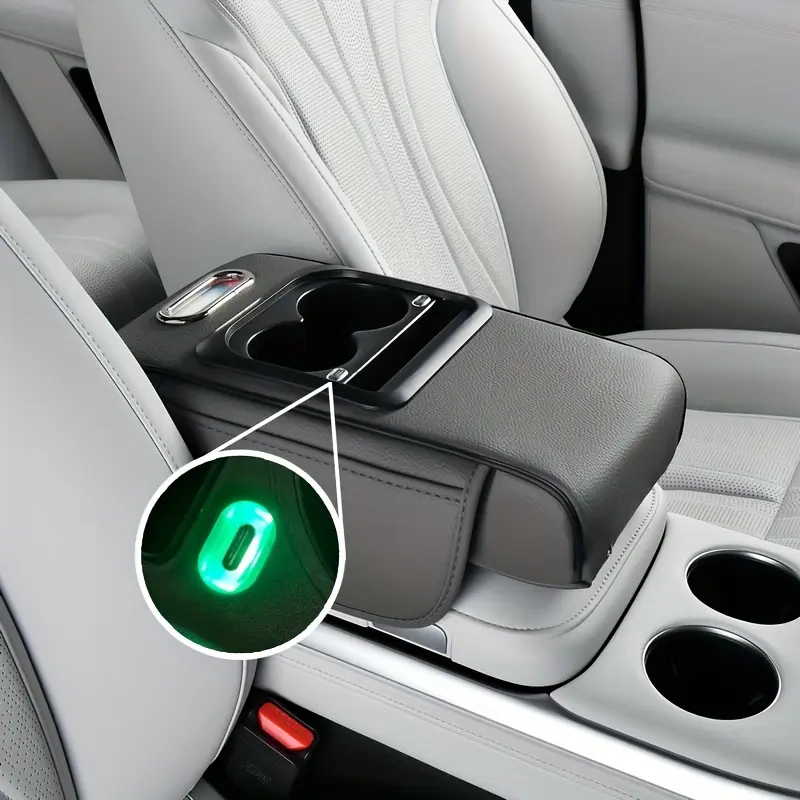 Waterproof Leather Car Console Organizer - 6-in-1 Padded Armrest Storage | Car Interior Accessories, Vehicle Accessories with Cup Holder, Tissue Slot, Projection Ambient Light