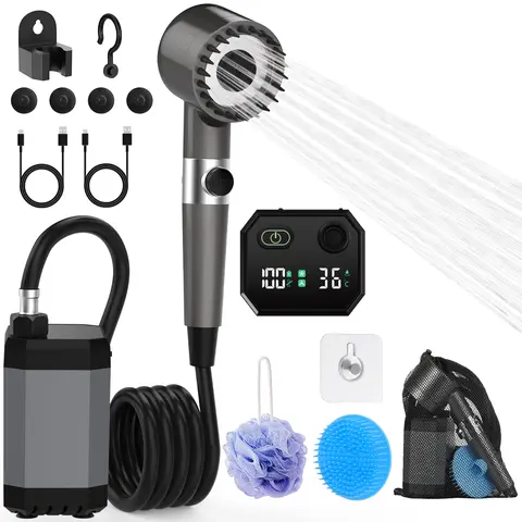 12000mAh Compact Retractable Foldable Rechargeable Portable Shower Head with LED Water Temp Display, Filtering Layer, Dual Mode, 2 Hooks Fit Indoors/Outdoors, Insect-Proof, Moisture-Proof Camping Gear for Outdoor Camping, Pet Cleaning