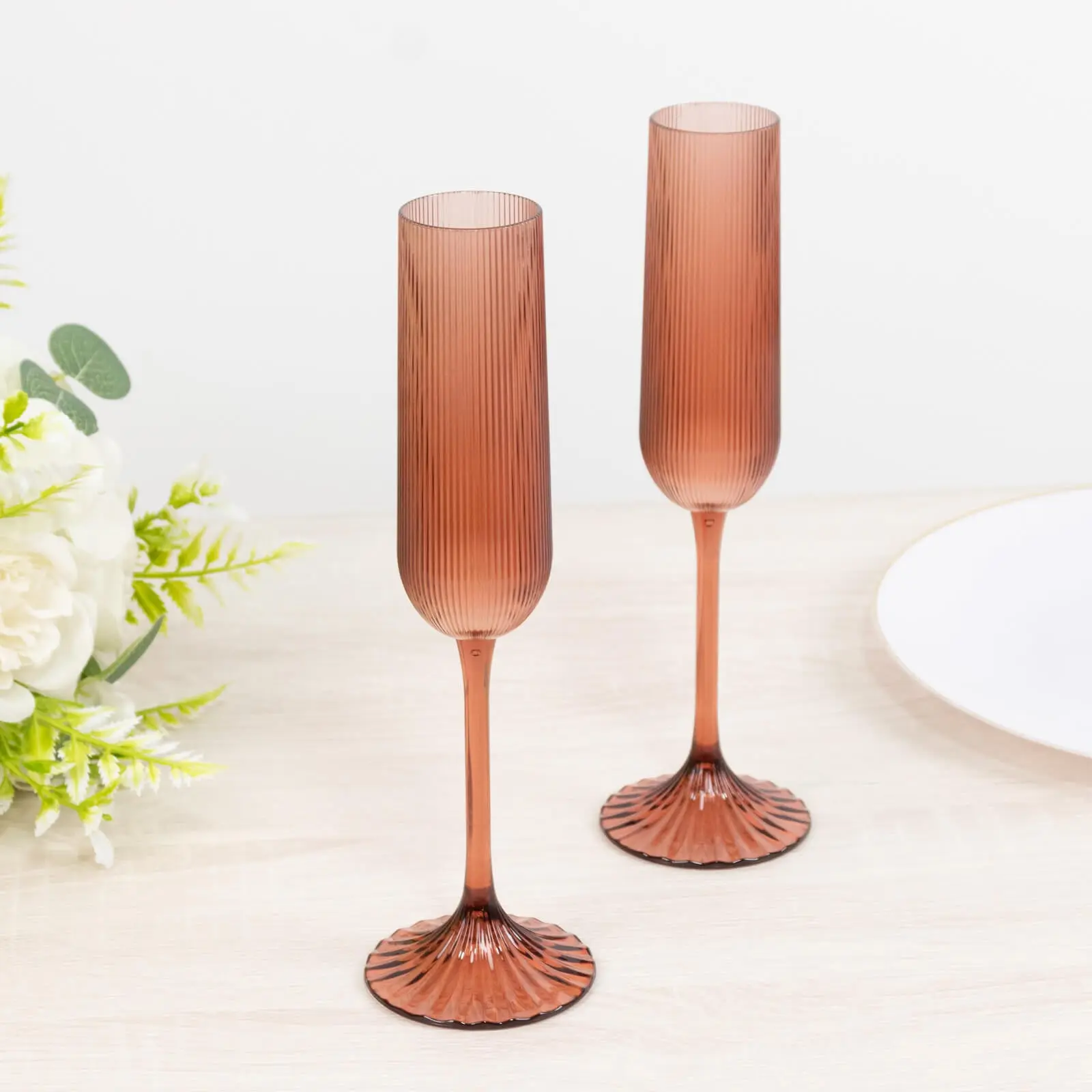 12 Pack 4oz Vintage Ribbed Champagne Flutes Transparent Dusty Rose – Disposable Plastic Toasting Glasses