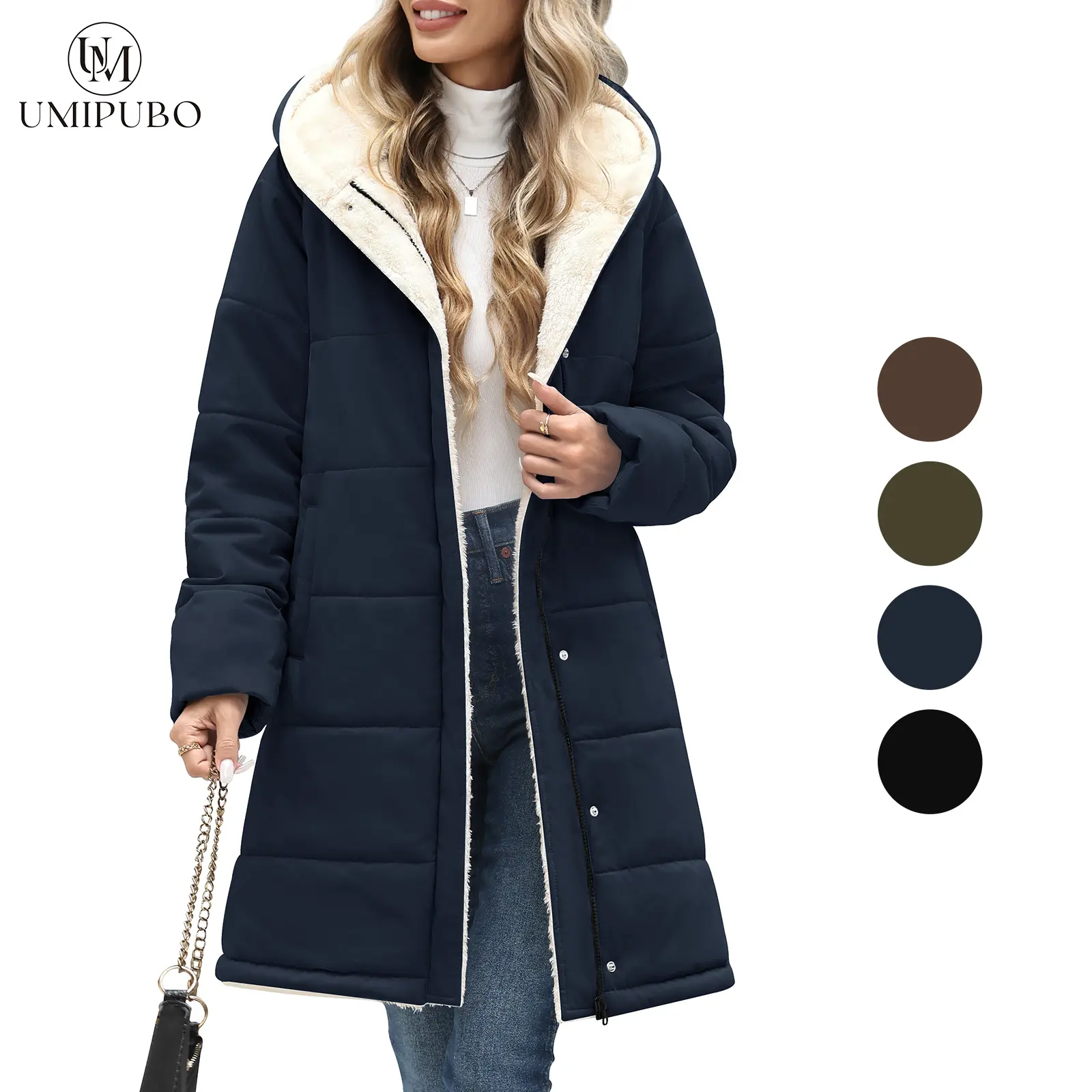 UMIPUBO Womens Long Faux Sherpa Lined Hooded Puffer Parka, Warm Quilted Full Zip Winter Outer Coat with Pockets