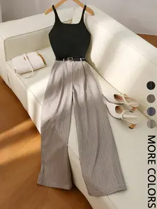 Women's Solid Color Basic Fitted Halter Top and Striped Casual Pants Set Womenswear, Perfect for Daily Wear and Valentine's Day, 2 Piece Outfit