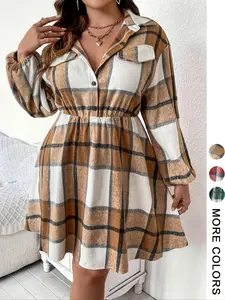 Women's Plus Size Plaid Shirt Dress, Long Sleeve Button Front Casual Short Skirt, Fall & Winter Fashion, Fitted Moderate Fabric