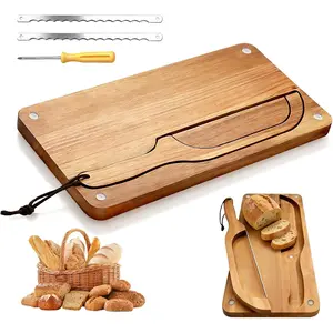Wooden Bread  Board with Bow Bread Slicer Set, Includes 2 Stainless Steel  and Removable  for Slicing Homemade Sourdough, Baguettes and Artisan Bread
