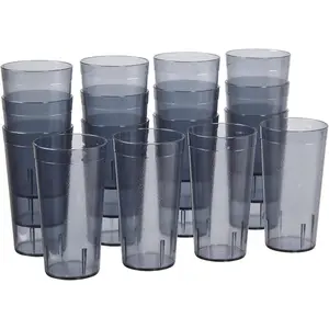 Cafe Plastic Reusable Tumblers (Set of 16) 20-ounce Water Cups in Grey | Value Set of Restaurant Style Drinking Glasses, Stackable, BPA-free, Made in the USA | Top-rack Dishwasher Safe