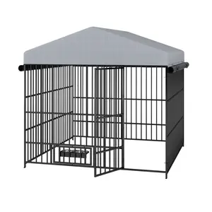 Heavy Duty Outdoor Escape Proof Kennel for Large Dogs, Wire Metal Pet Cage Enclosure with Iron Frame, Waterproof UV-Resistant Canopy, Swivel Feeding Door, 2 Stainless Steel Bowls, Raised Legs