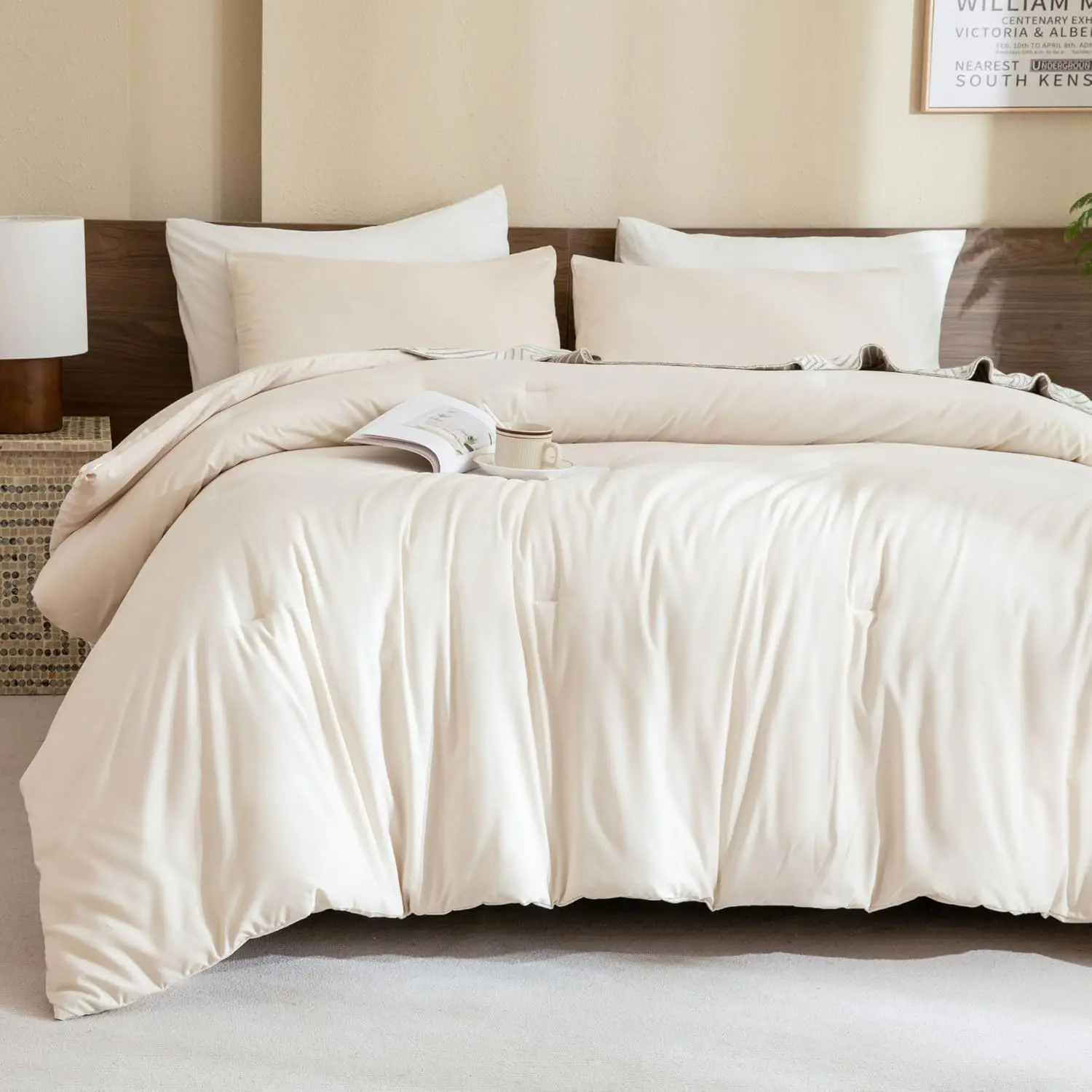 Beige Comforter Set  Size, Cream 3 count Comforter Set, Lightweight Solid Neutral Bedding Set, All Seasons Soft Breathable Boho  Comforter Set (90x90In Comforter & 2 Pillowcases)