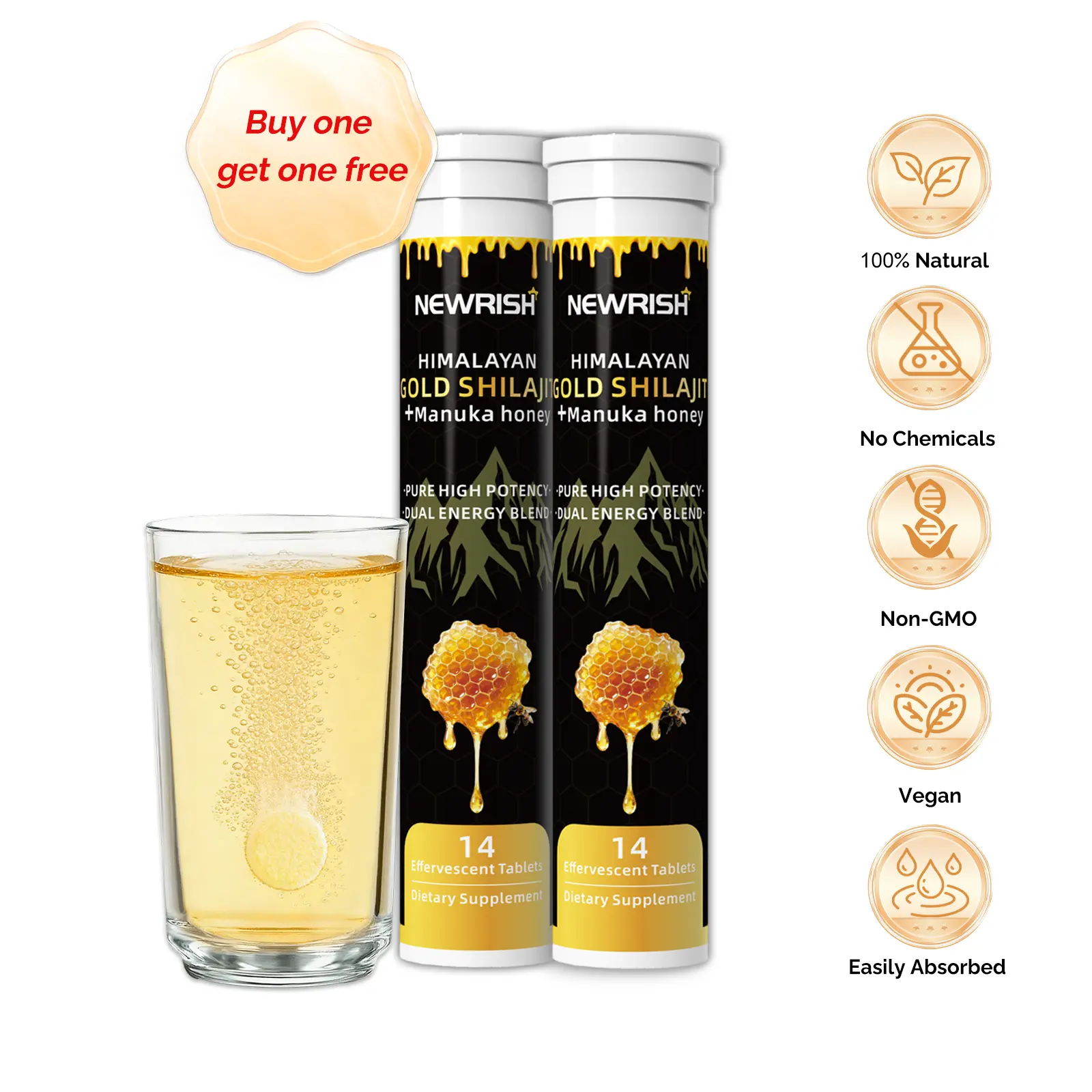 Newrish Pure Himalayan Shilajit Effervescent Tablets – 100% Natural Manuka Honey – Boosts Energy & Endurance – Sports & Fitness Support – Buy 1 Get 1 Free