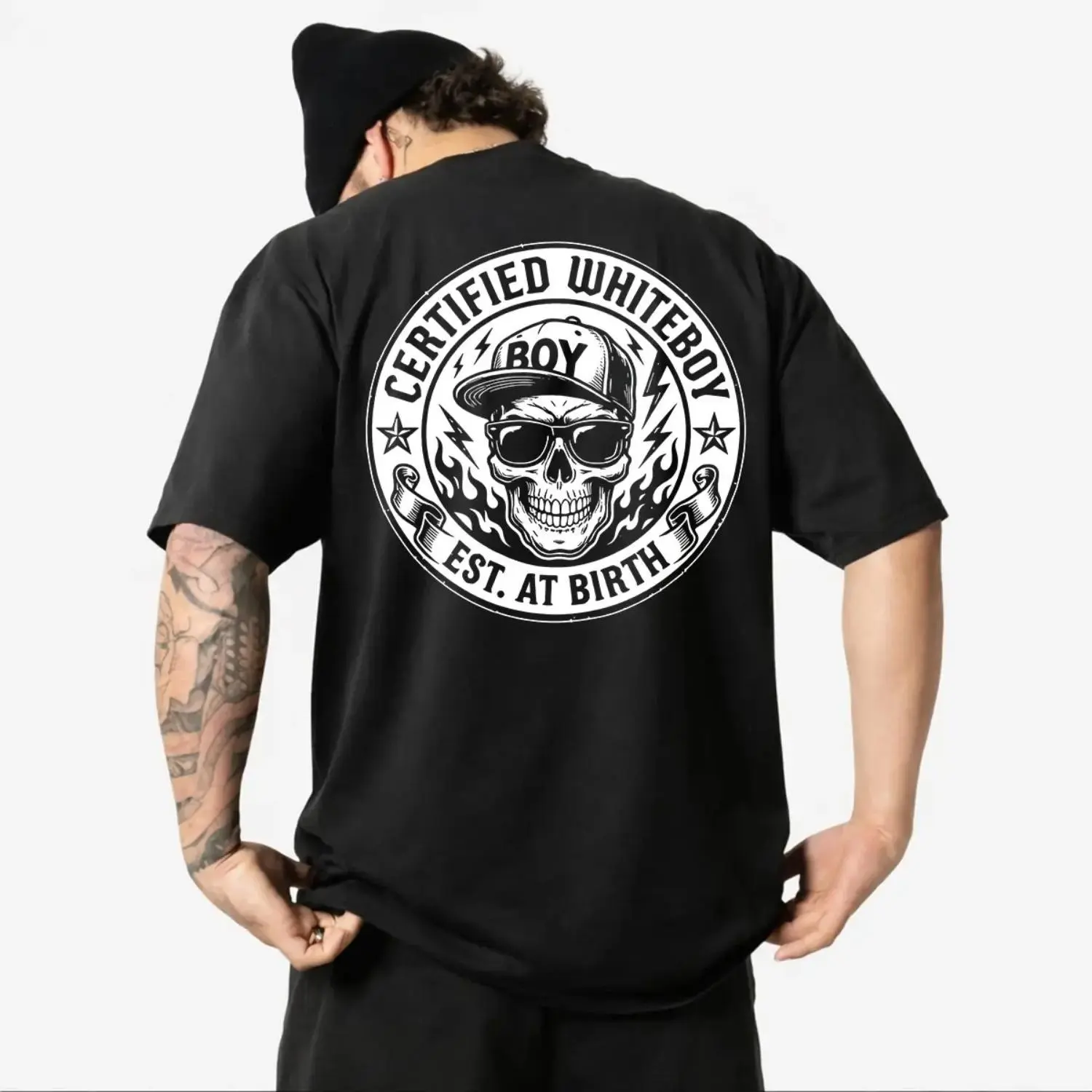 Men's Whiteboy Graphic Fitted-Cut Casual Short-Sleeve Top, Black Streetwear Unisex Pullover Sweatshirt, Menswear Apparel
