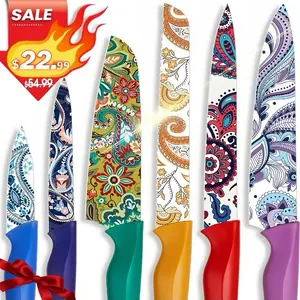 Astercook 12-Piece Paisley Knife Set, Classic Colors, 6 Rust-Resistant Coated Stainless Steel Kitchen Knives, 6 Edge Guards, Dishwasher Safe Blade wooden handle