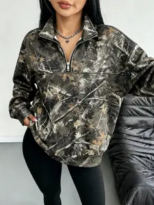 Women's Street Vintage Camo Full Print Zipper Hoodie, Casual Fall & Winter Clothing, School Reunion, Teacher, Daily Wear