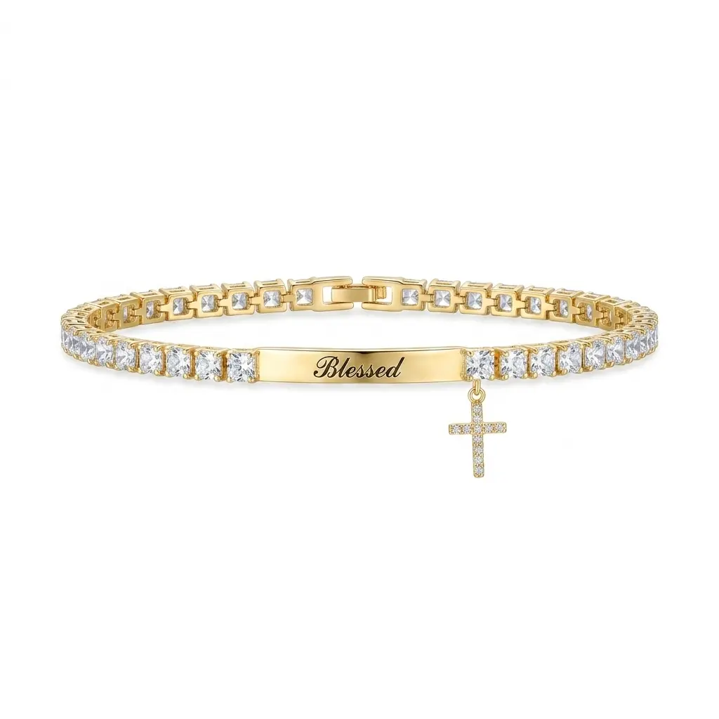 14K Gold Plated Blessed Cross Tennis Bracelet for Women, Non-tarnish Stainless Steel Chain, Sparkling Cubic Zirconia Inlaid Catholic Religious Jewelry Gift