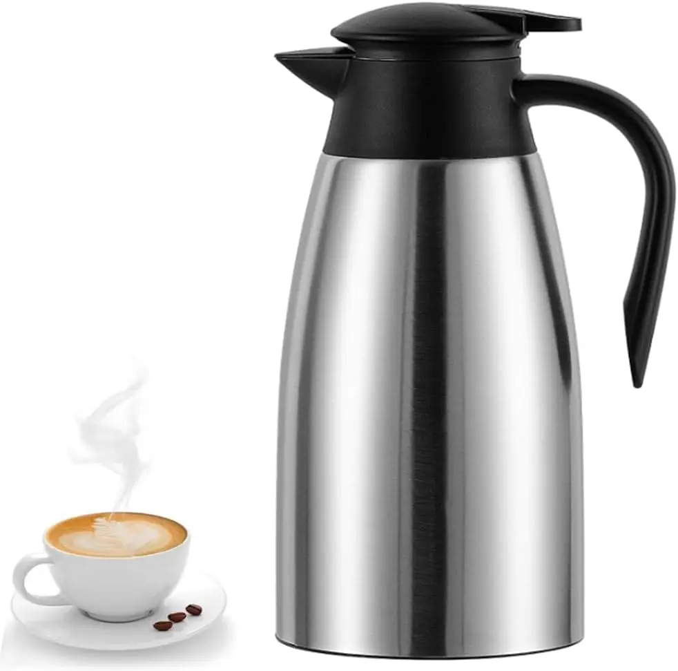 70 Oz Insulated Thermal Coffee Carafe Stainless Steel Double Walled Vacuum Coffee Thermos, Hot Water, , Hot Beverage Dispenser, Keep 24 Hour Heat Retention/12 Hour Cold Retention (Sliver, 2L)