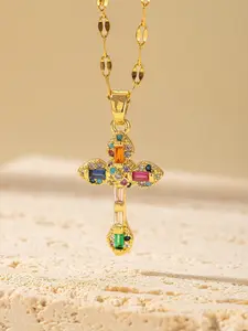 Unisex Multicolor Cross Necklace, Jewel Necklace, Perfect for Banquets and Vacations, Essential Gift Item, Copper Material, All Seasons Wear
