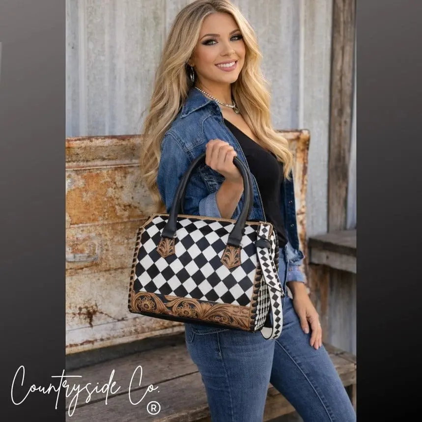 Women's Aspen Tooled Leather Speedy Handbag, Casual Everyday Bag, Daily Use Handbag, Adjustable Strap Bag