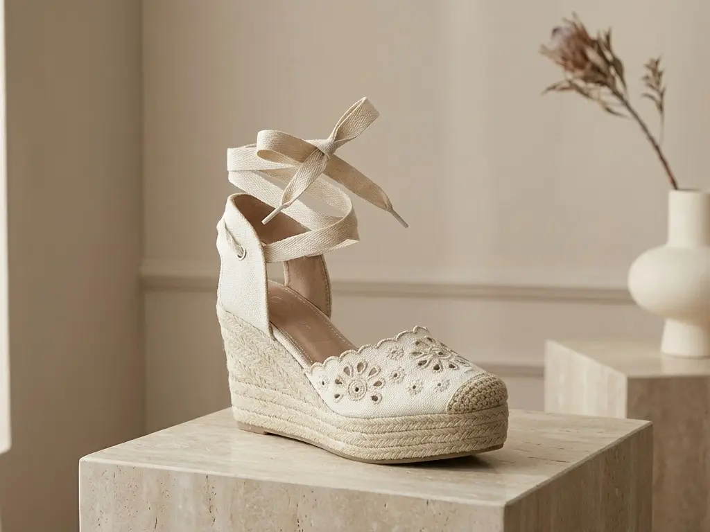 FOREVER Heels for Women - Scalloped Edge Espadrilles with Floral Cutouts and High Platform, Lace-Up Fashionable Heeled Sandals, Espadrilles Wedge Heels, Wedges, Adjustable Strap, Authentic Jute Wrapping, Footwear, High Heel