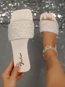 Women's Glitter Rhinestone Decorated Slides, Flats Sandals, Soft Bottom Sandals, Sparkly Party Shoes, Casual Comfortable Flat Glitter Strappy Sandals for Beach, Daily Wear