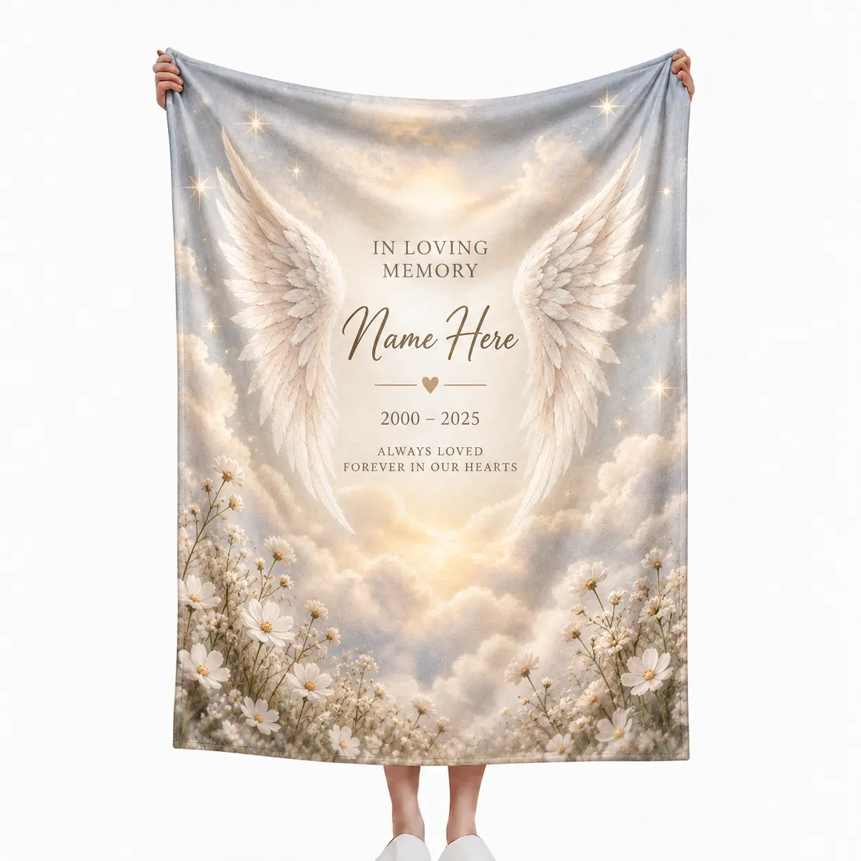 Angel Wings Memorial Flannel Throw Blanket, In Loving Memory Personalized Style Sympathy Blanket, Soft Cozy Lightweight Warm Blanket for Couch Bed Sofa, Remembrance Gift for Family, Memorial Bereavement Keepsake