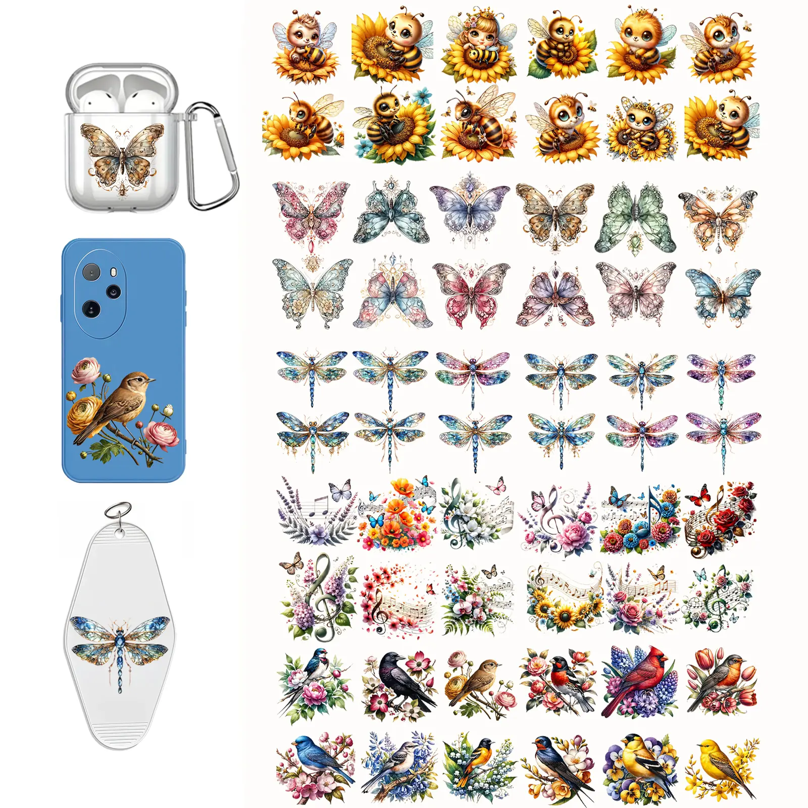 60pcs Plastic PVC UV DTF Cup Wraps & Iron-On Sticker Set - 5 Bright Animal-Themed Colors (Bee Sunflower, Vintage Butterfly Rose, etc.) - Waterproof Rub-On Crafts for Glassware Enthusiasts, Home Decor Furniture - Includes Stickers for DIY Projects
