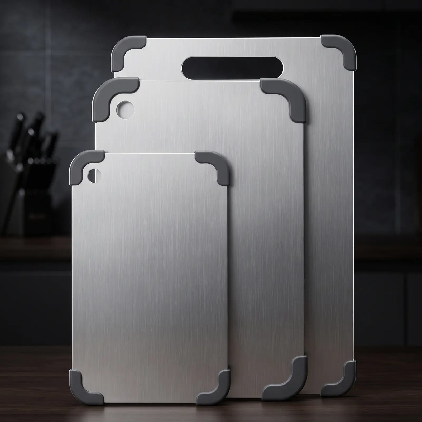 LOVEWE 3-Piece 304 Stainless Steel Chopping Board Set, Rectangular with Non-Slip Silicone Edges, for Meat Preparation, Daily Use Kitchen Tools