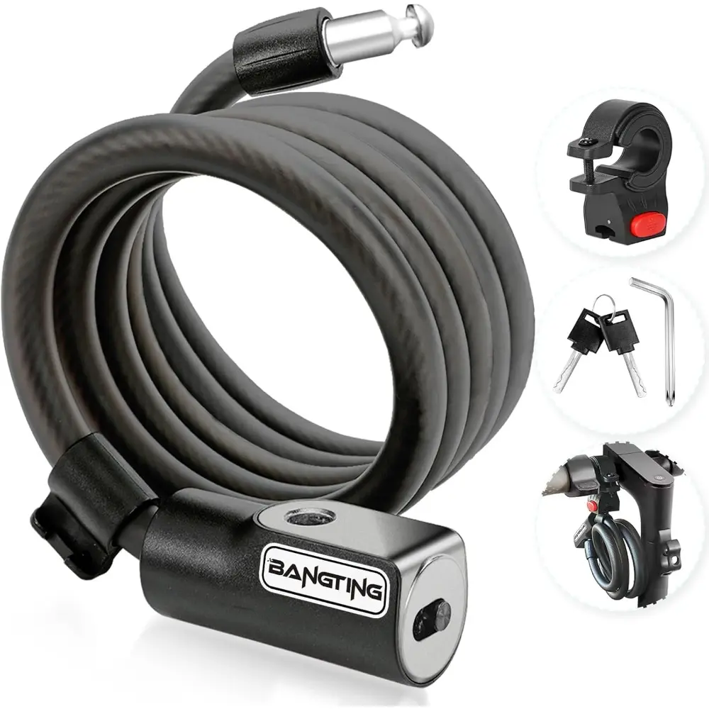 OUTDOOR 4 Feet Electric Scooter Bike Lock with Mounting Bracket & 2 Keys-12mm Thick Heavy Duty Keyed Cable Lock, Anti Theft Weatherproof For E-Scooter,Bicycle,Kids Bike,Ebike,Scooter,Stroller