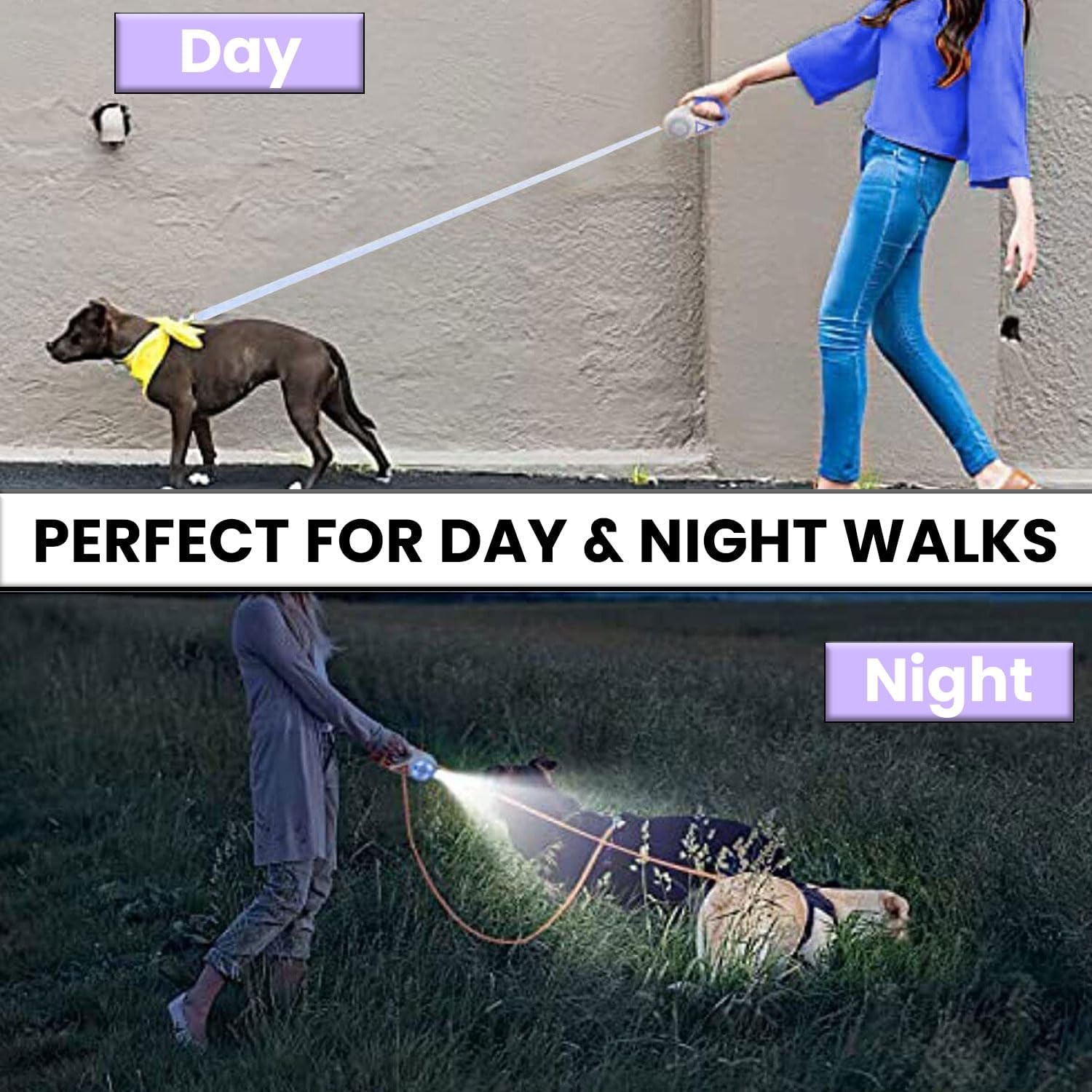 Pawzseek LED Retractable Safety Dog Leash, Automatic Extendable Leash for Small to Medium Dogs Up to 110 Lbs, Safety Leash