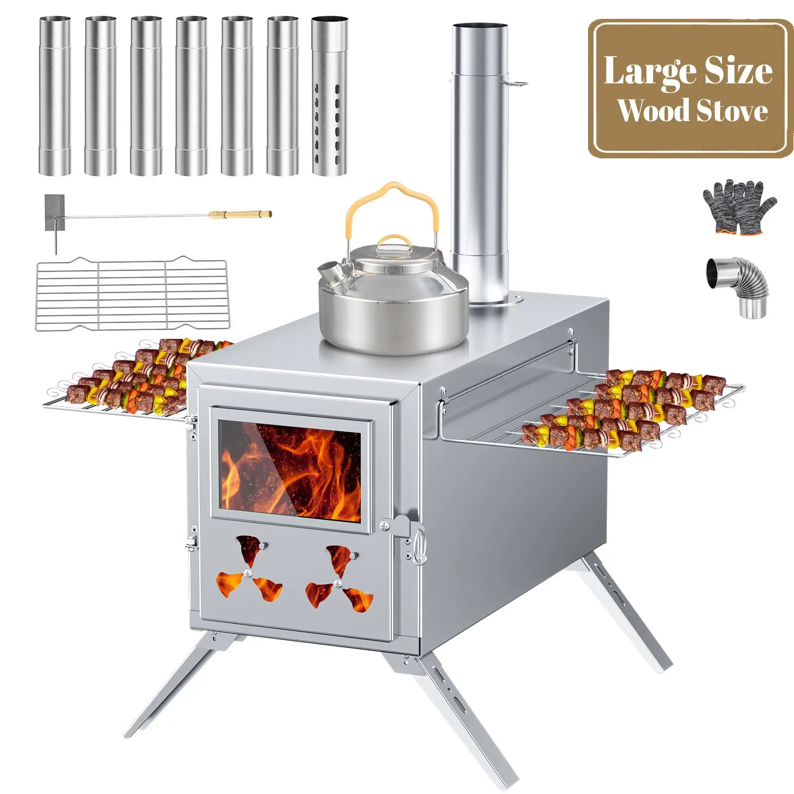 DoCred Portable Camping Wood Stove - Outdoor Camping Burner, Portable Kitchen BBQ Grill with 7 Stainless Steel Chimney Pipes, Anti-Spark Feature, Ash Rake, Fits Tent Jack for Grill or Boil Needs, Safety Gloves, Camping Equipment, Multi-Size