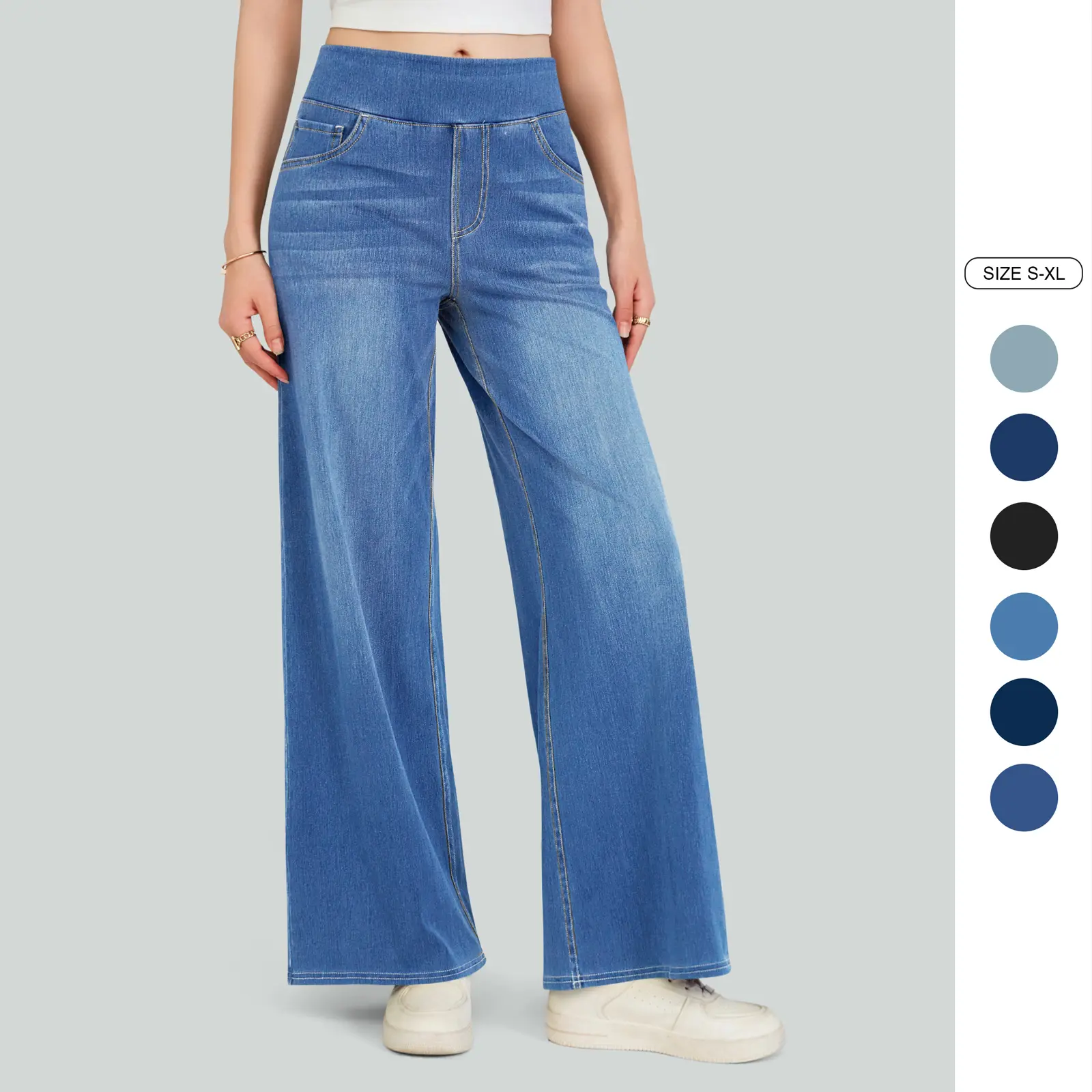 Women's 90s Streetwear Balloon Baggy Jeans - High-Waisted Stretchy Denim Pull-On Pants with Pockets, Baggy Wide Leg & Loose Straight Bottoms, Baggy Wide Leg Jeans