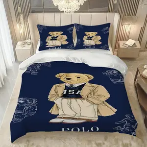 3pcs Polo Bear Theme Bedding Set, Gentleman Teddy Bear Design, Soft, Bedroom Decor Gift
