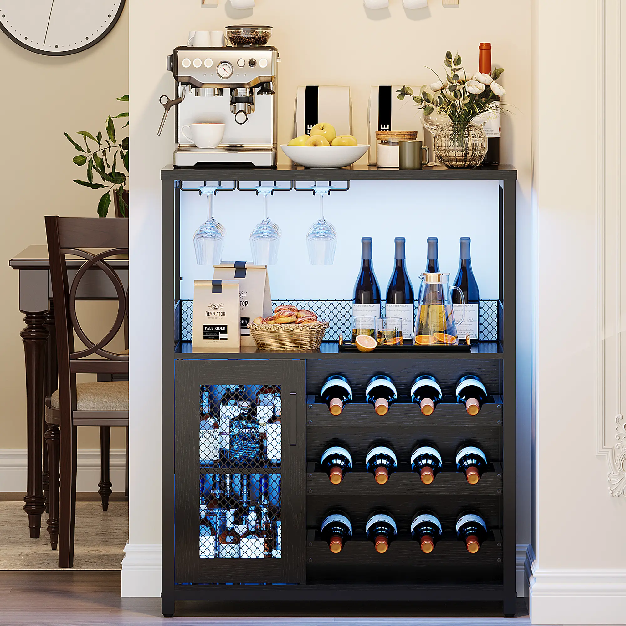 Modern 3-Tier Wood Wine Bar Cabinet with LED Lighting, Detachable Wine Rack, Glass Holder, Mesh Door, Ample Storage - Powder Coated Home Decor Man Cave Furniture Sideboard Buffet for Dining, Living Room